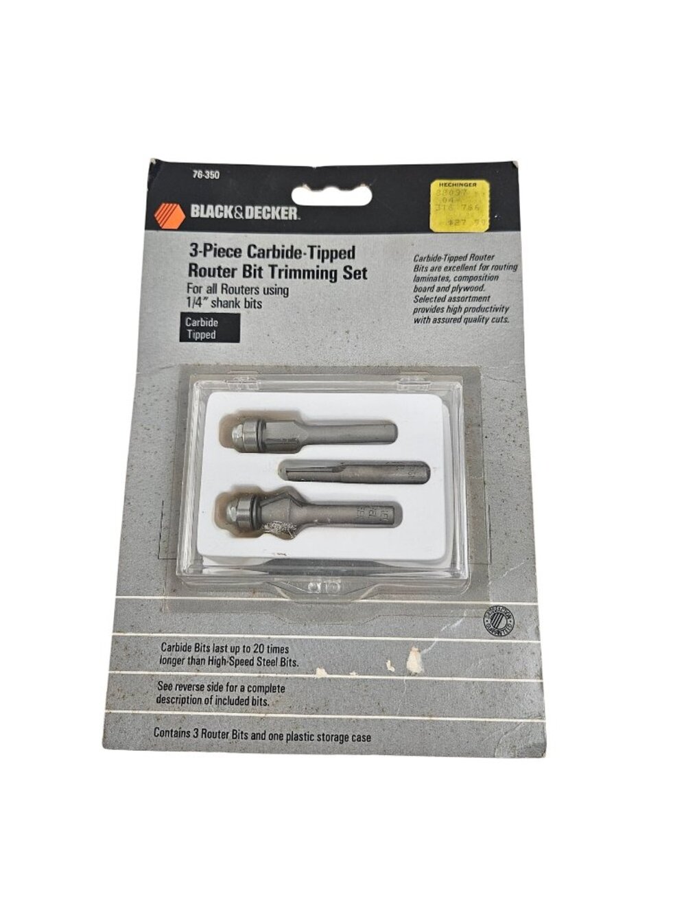 Black Decker 3 Piece Carbide Tipped Router Bit Trimming Set 76350 Storage Case N